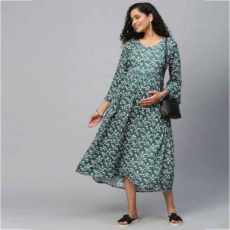 Green & White Floral Maternity Maxi Dress